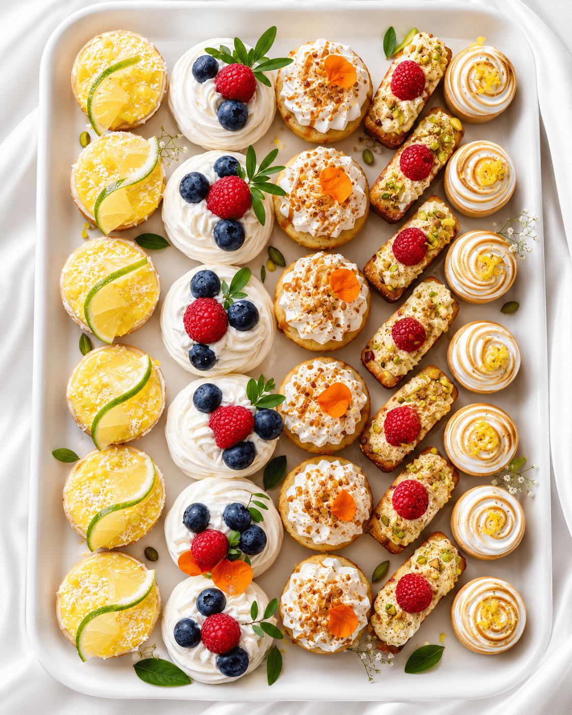Plateau sucré composé de mignardises raffinées, tartelettes citron, fruits rouges, pistache et douceurs meringuées